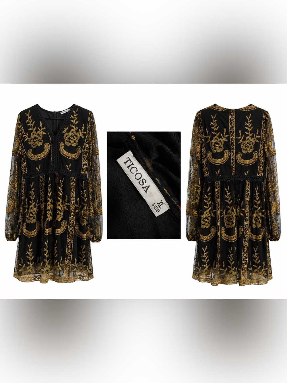 Ticosa Black Long-Sleeve Mesh Dress with Gold Embroidery